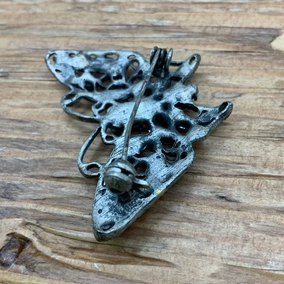 Butterfly Pink Rhinestone Gun Metal Filigree Brooch Pin - Picture 4 of 6